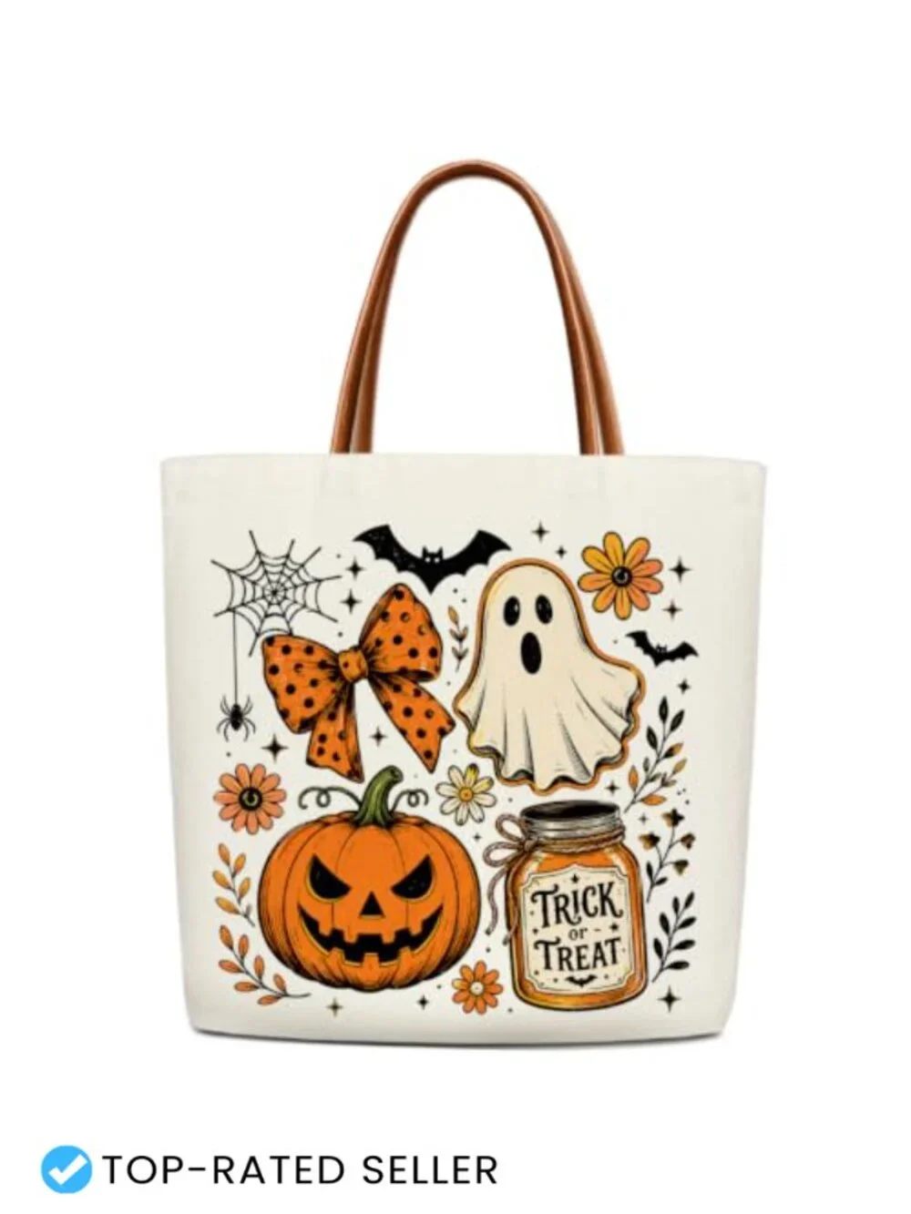Halloween Pumpkin Ghost Canvas Tote Bag, Reusable Grocery and Beach Bag